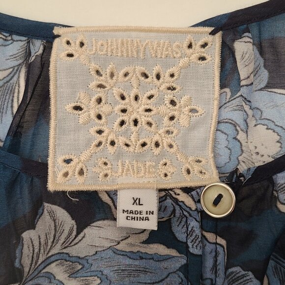 Womens XL Johnny Was Jade 'Nerissa' Blue Cotton Silk Floral Button Up Blouse Top - Picture 6 of 7